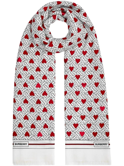 Shop Burberry Monogram Heart Print Scarf In White