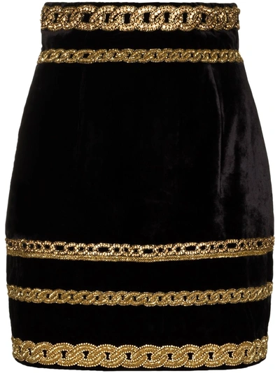 Shop Balmain Embroidered-chain Velvet Mini Skirt In Black