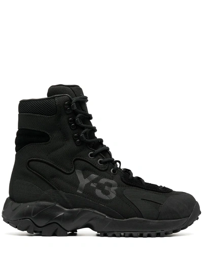 Shop Y-3 Logo Print Lace-up Booties In Black