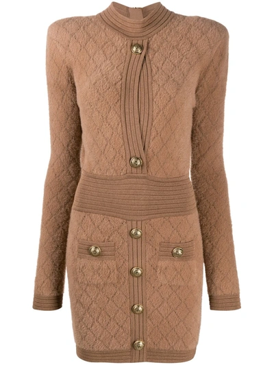 Shop Balmain Diamond-pattern Long-sleeve Dress In Neutrals