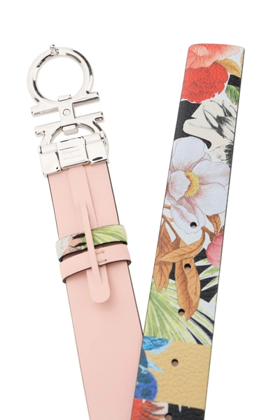 Shop Ferragamo Salvatore  Reversible Belt With Gancini Floral Print In Nero