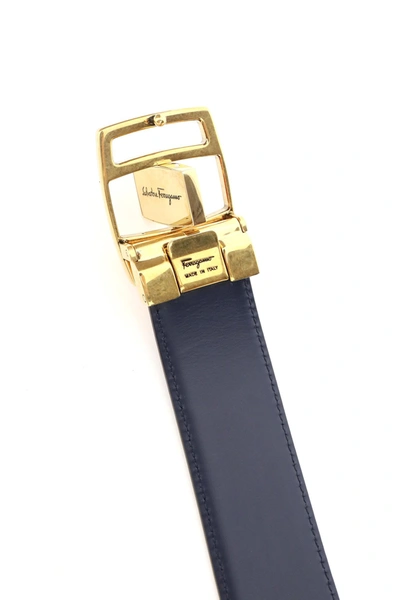 Shop Ferragamo Salvatore  Reversible Leather Belt With Double-face Buckle In Fondente Navy