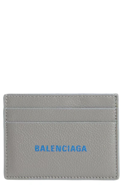 Shop Balenciaga Cash Logo Leather Card Case In Dark Grey/ Blue