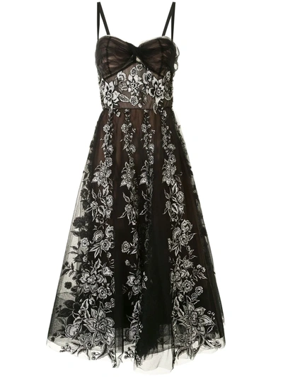 Shop Marchesa Floral Embroidered Tulle Dress In Black