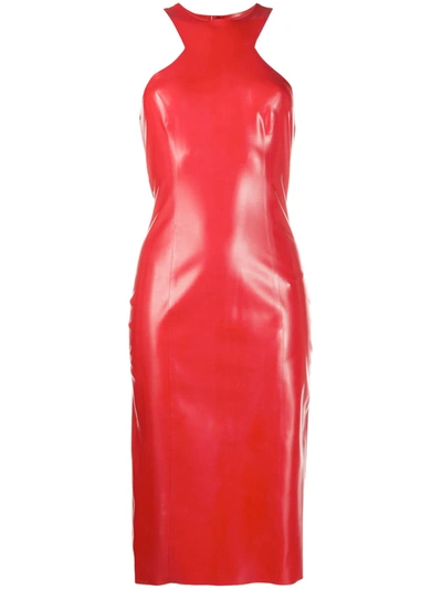 Shop Saint Laurent Fitted Latex Midi Dress In Red