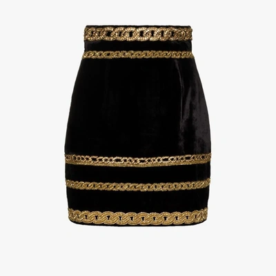 Shop Balmain Embroidered Chain Velvet Mini Skirt In Black