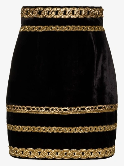 Shop Balmain Embroidered Chain Velvet Mini Skirt In Black