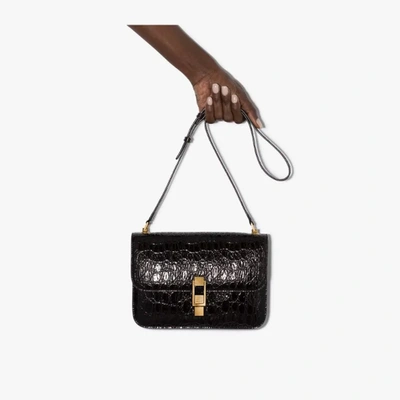 Shop Saint Laurent Black Carre Mock Croc Leather Shoulder Bag In Brown