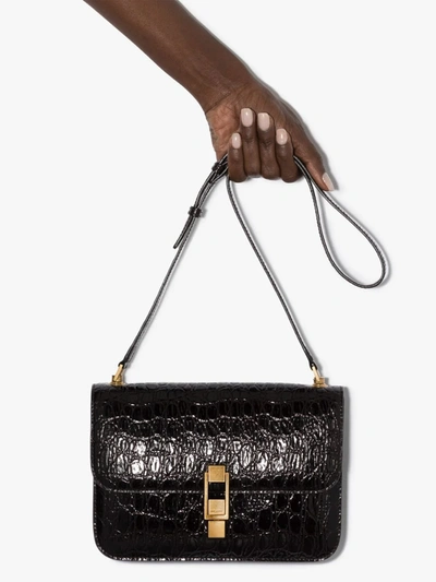 Shop Saint Laurent Black Carre Mock Croc Leather Shoulder Bag In Brown