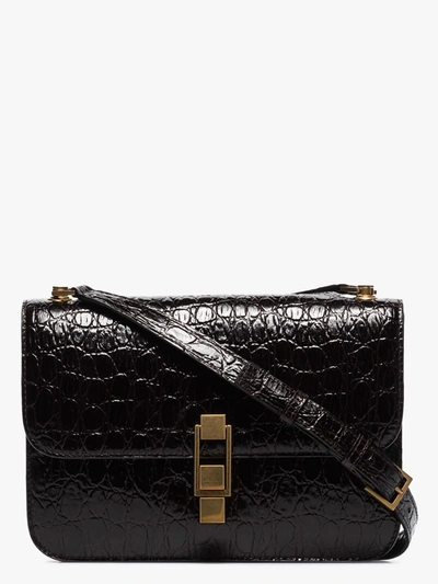 Shop Saint Laurent Black Carre Mock Croc Leather Shoulder Bag In Brown