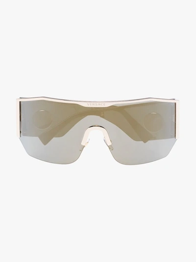 Shop Versace Gold Tone Medusa Shield Sunglasses In Black