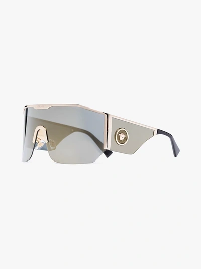 Shop Versace Gold Tone Medusa Shield Sunglasses In Black