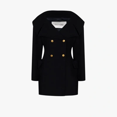 Shop Valentino Navy Open Neck Buttoned Wool Coat In Blue