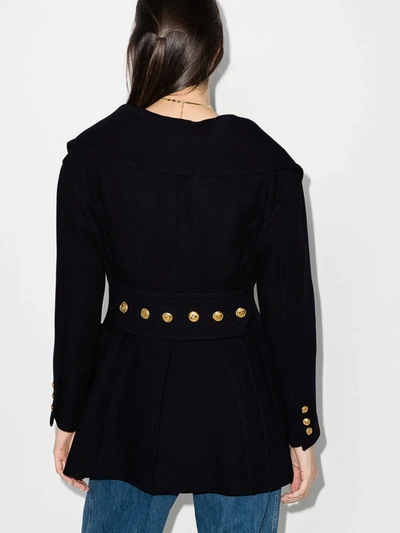 Shop Valentino Navy Open Neck Buttoned Wool Coat In Blue