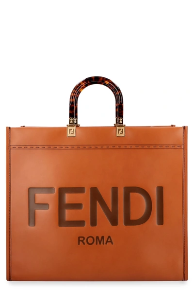 Shop Fendi Sunshine Leather Tote In Saddle Brown