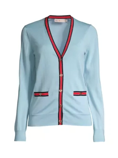 Shop Tory Burch Women's Madeline Striped Trim Cardigan In Summer Blue