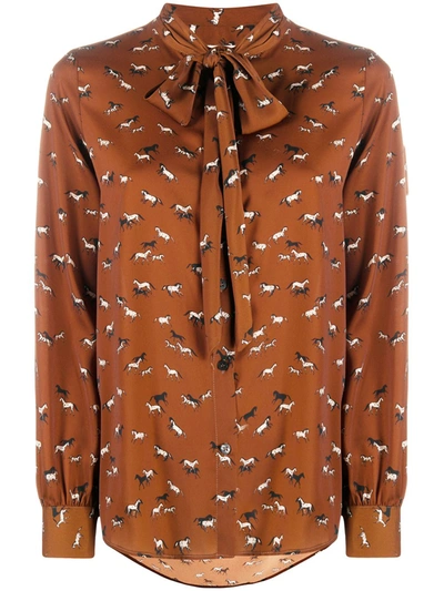 Shop Altea Horse Print Pussy-bow Shirt In Brown