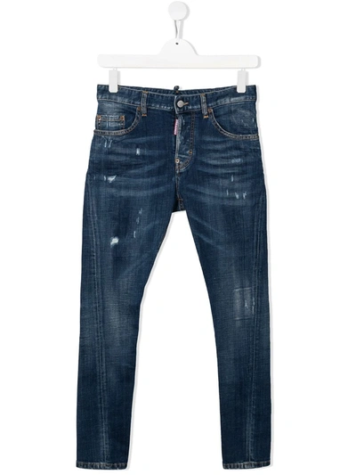 Shop Dsquared2 Teen Distressed Medium-wash Jeans In Blue