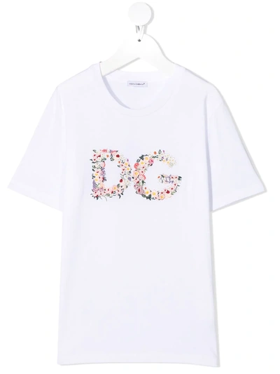 Shop Dolce & Gabbana Floral Embroidered Logo T-shirt In White