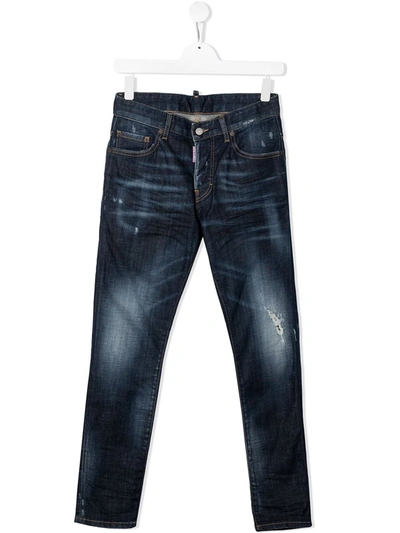 Shop Dsquared2 Teen Distressed Dark Wash Jeans In Blue