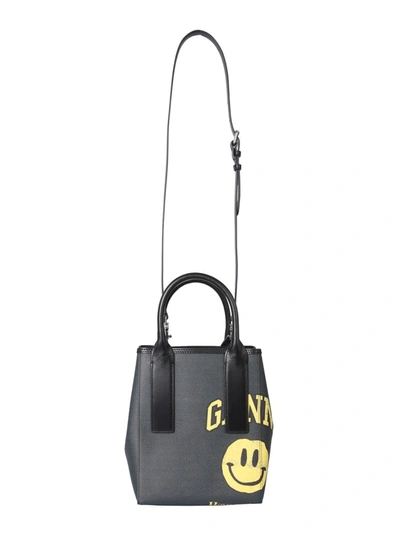 Shop Ganni Tote Bag With Logo And Smile In Grey
