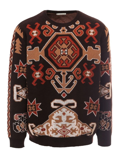 Shop Etro Crewneck Sweater Ethnic Pattern In Brown
