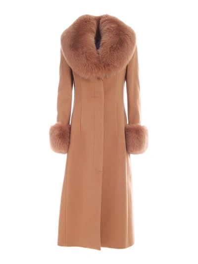 Shop Blumarine Fur Detail Coat In Camel Color