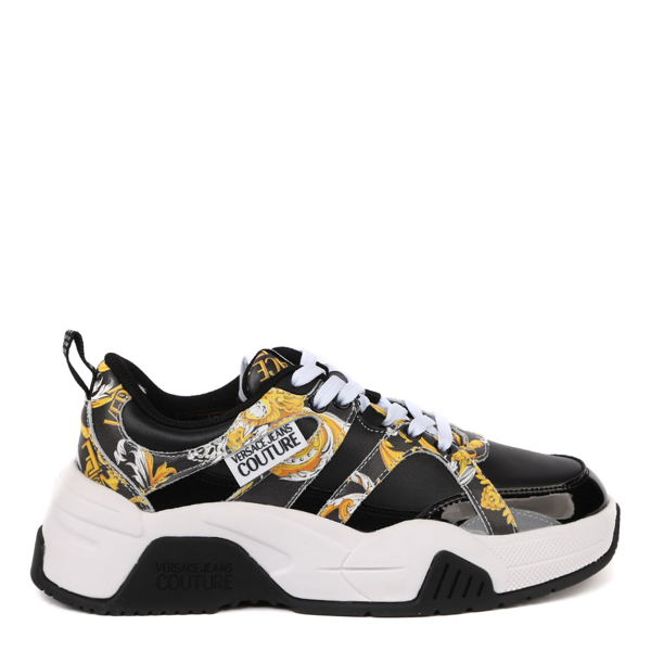 Versace Jeans Couture Leather Sneakers With Barocco Print Inserts In Black | ModeSens