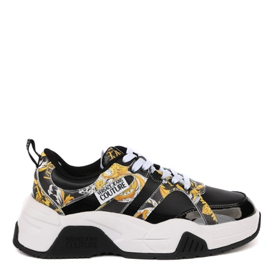 Shop Versace Jeans Couture Leather Sneakers With Barocco Print Inserts In Black-white