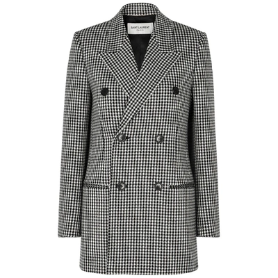 Shop Saint Laurent Houndstooth Double-breasted Wool-blend Blazer In Grey