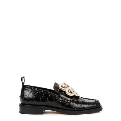 Shop Loewe Black Embellished Crocodile-effect Leather Loafers