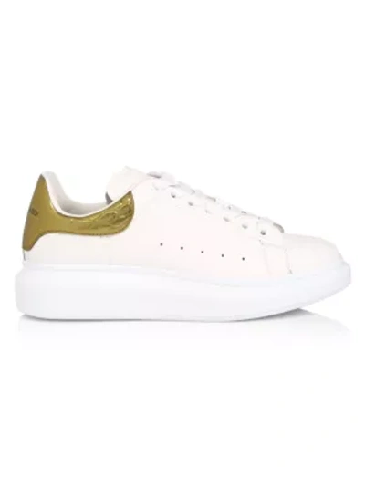 Shop Alexander Mcqueen Croc-embossed Leather Platform Sneakers In White Gold