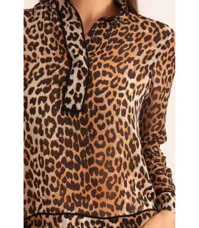 Shop Ganni Printed Georgette Henley Top In Leopard In Animal Print