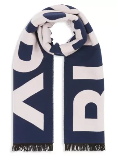 Shop Burberry Logo Wool Jacquard Scarf In Navy