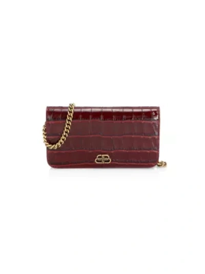 Shop Balenciaga Women's Bb Croc-embossed Leather Phone-case-on-chain In Dark Red