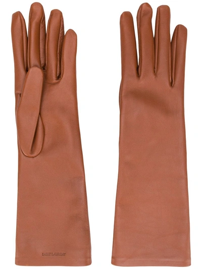 Shop Saint Laurent Lambskin Leather Gloves In Brown