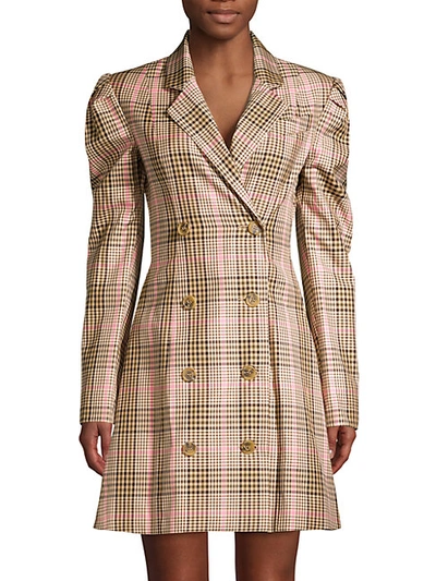 Shop Maggie Marilyn Leap Of Faith Plaid Double-breasted Blazer Dress In Camel