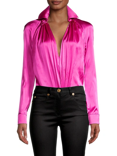 Shop Versace Raglan-sleeve Stretch-silk Bodysuit In Pink