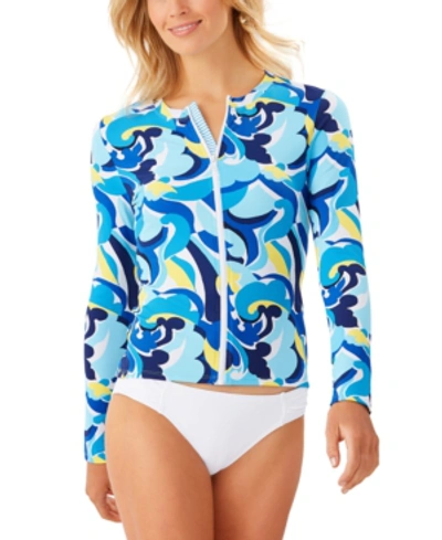 Shop Tommy Bahama Swirl Tide Long-sleeve Zip-front Rashguard Women's Swimsuit In Azure Blue