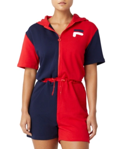 Shop Fila Nitara Colorblocked Hooded Romper In Red