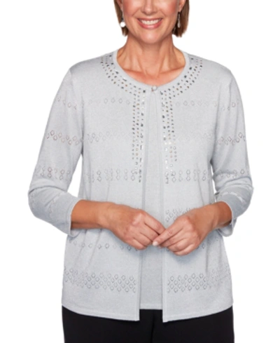 Shop Alfred Dunner Petite Pointelle Layered-look Sweater In Silver