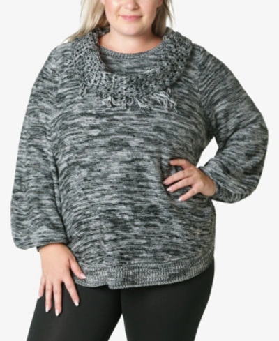 Shop Adrienne Vittadini Women's Plus Size Sweater With Fringe Scarf In Charcoal Heather