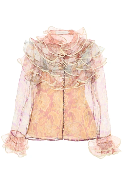 Shop Zimmermann Lucky Tired Printed Organza Blouse In Beige,purple,brown