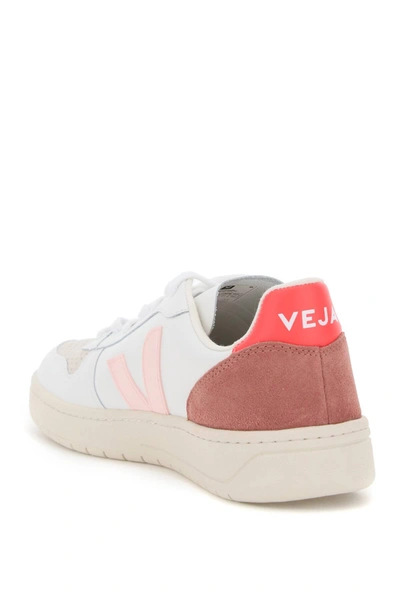 Shop Veja V-10 Leather Sneakers In White,pink,fuchsia