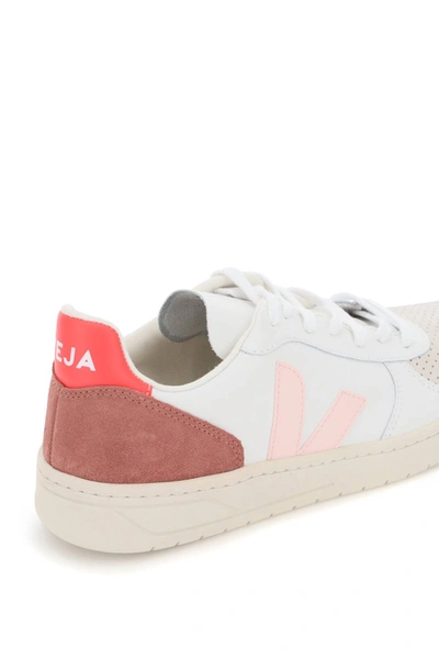 Shop Veja V-10 Leather Sneakers In White,pink,fuchsia