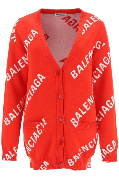 Shop Balenciaga Monogram Logo Cardigan In Red White