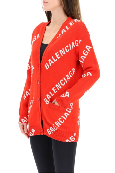 Shop Balenciaga Monogram Logo Cardigan In Red White