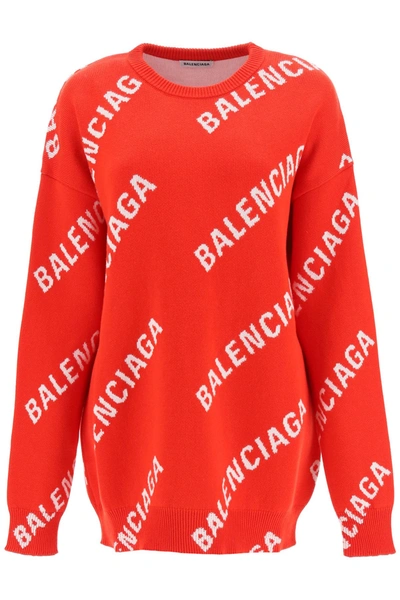 Balenciaga Oversized Logo Wool-blend Knit Sweater In Red | ModeSens