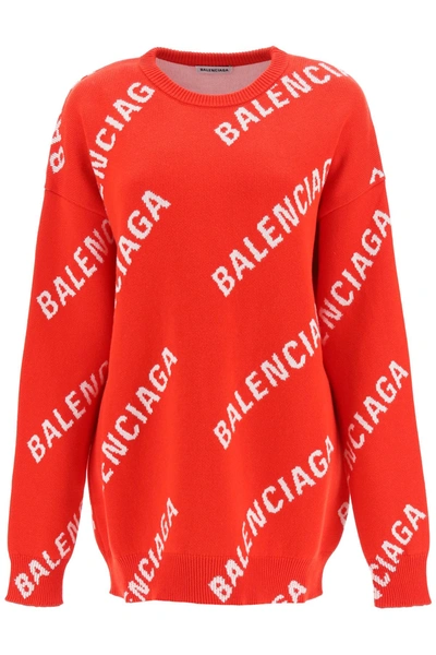 Shop Balenciaga Oversized Sweater With Jacquard Logo In Red White