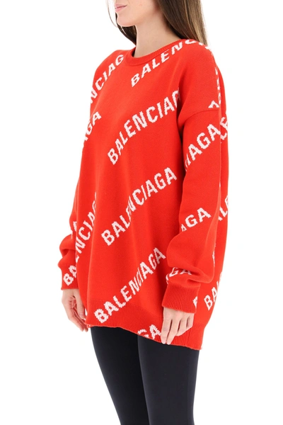 Shop Balenciaga Oversized Sweater With Jacquard Logo In Red White